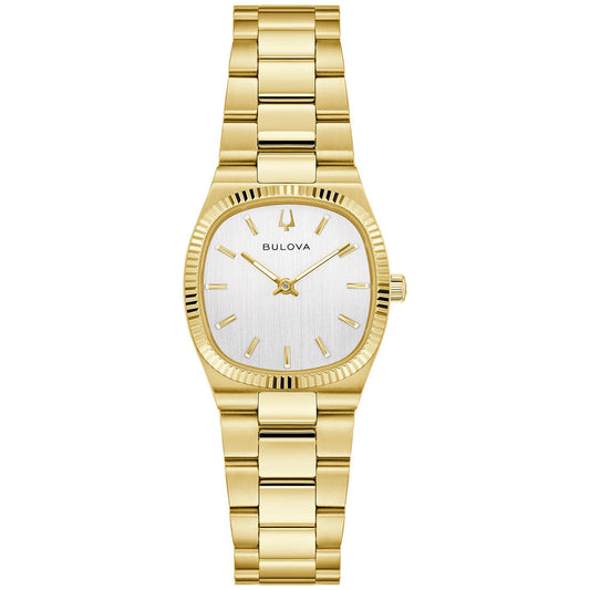 The Bulova Super Seville Mini Quartz 25mm Watch features a gold-tone stainless steel case, metallic link bracelet, rectangular silver dial with gold markers and hands, fluted bezel, and minimalist design—an elegant women’s luxury timepiece from Bulova.