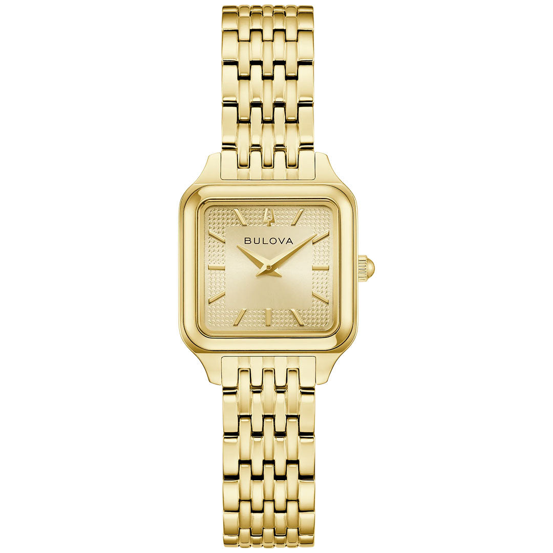 The Bulova Sutton Quartz 23mm Watch features a gold-tone stainless steel case, square face, textured dial, gold markers and hands, and a matching link bracelet—an elegant women’s timepiece from Bulova.
