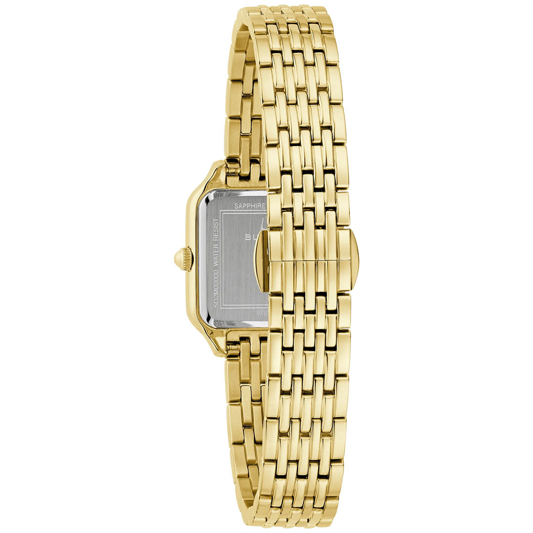 The Bulova Sutton Quartz 23mm ladies' watch features a gold-tone stainless steel linked band, rectangular face, center clasp, and a silver engraved caseback—a refined women's timepiece from Bulova.