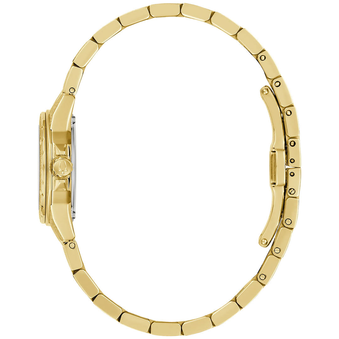 A side view of the Bulova Marine Star Marc Anthony Quartz 25.5mm Watch highlights its gold-tone stainless steel band, clasp, watch case thickness, and elegant profile.