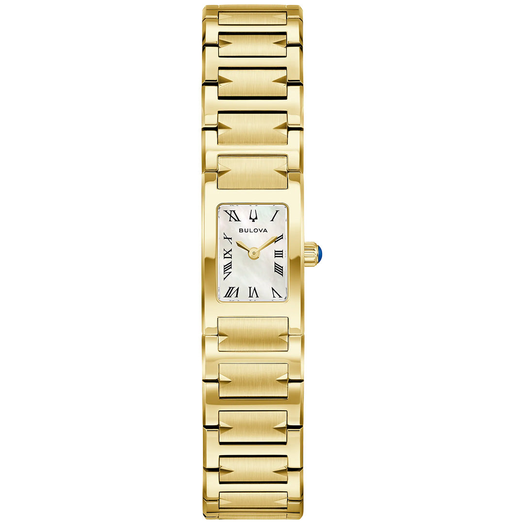 The Bulova Marc Anthony Harmony Quartz 14mm women’s watch showcases a gold-tone stainless steel rectangular case with Roman numerals, a metallic link bracelet, and an elegant blue accent on the crown, blending classic style with sophisticated design.