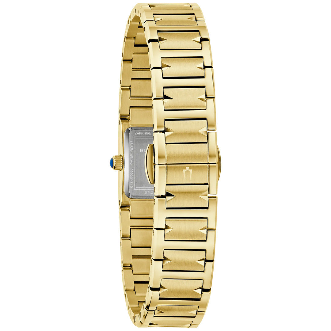 The Bulova Marc Anthony Harmony Quartz 14mm women’s watch is displayed from the back, highlighting its gold-tone stainless steel link bracelet, rectangular case with a blue accent on the crown, and brushed metal finish.