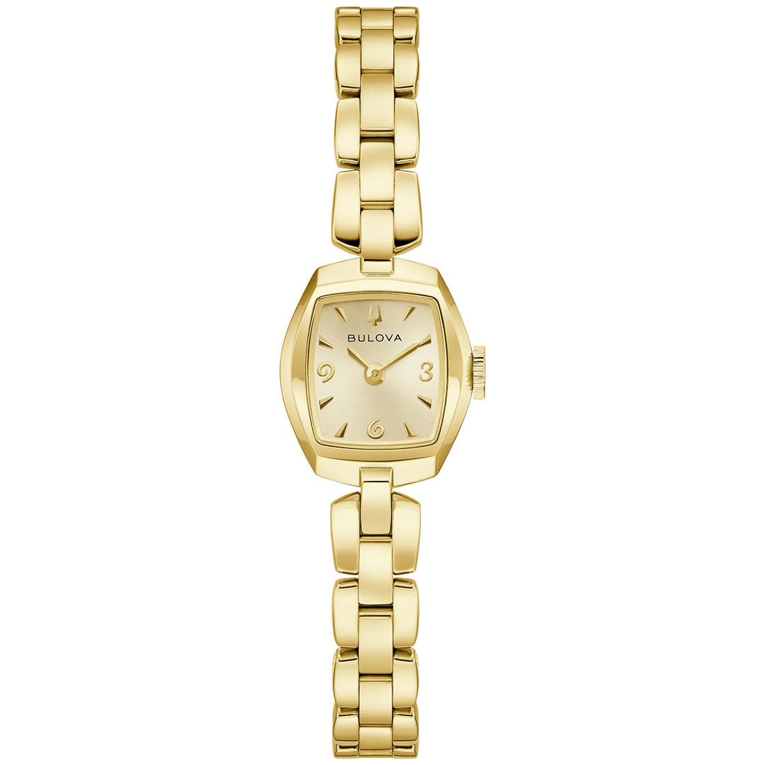 The Bulova Goddess of Time Jackie Quartz 18mm women's watch is elegantly displayed against a white background, featuring a square face with gold hour markers and a matching gold-tone stainless steel linked band.