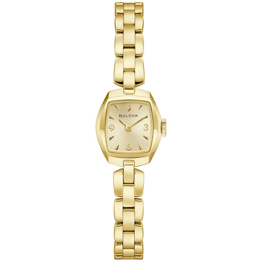 The Bulova Goddess of Time Jackie Quartz 18mm women's watch is elegantly displayed against a white background, featuring a square face with gold hour markers and a matching gold-tone stainless steel linked band.