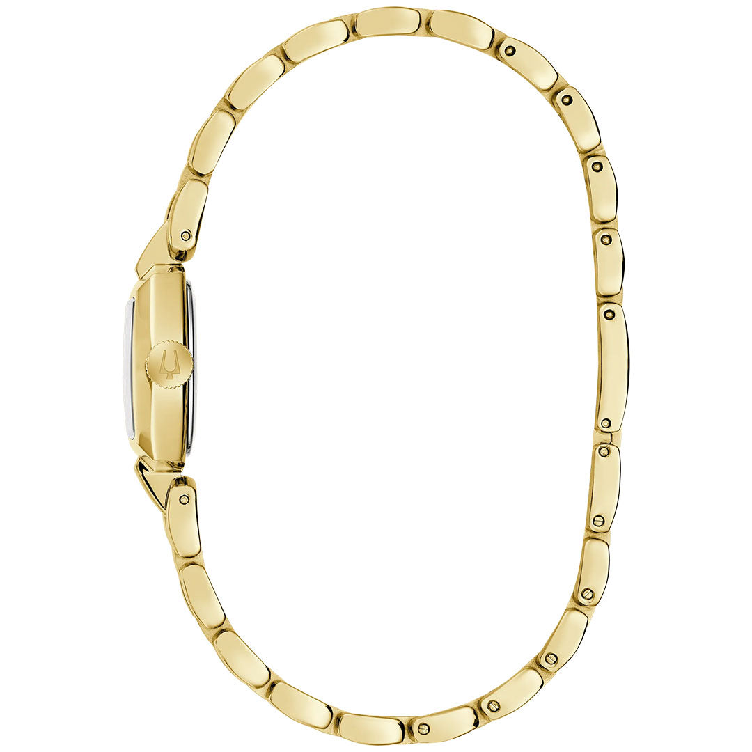 The Bulova Goddess of Time Jackie Quartz 18mm Watch is pictured from the side, highlighting its slim rectangular case and oval-link bracelet. Designed in gold-tone stainless steel, this elegant Bulova women’s timepiece features a visible crown on the left and showcases a refined, minimalist aesthetic.