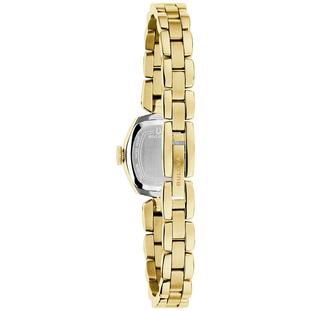 The Bulova Goddess of Time Jackie Quartz 18mm Watch features a gold-tone stainless steel linked bracelet, elegantly displayed from the side and back to highlight its secure clasp and glimpses of the case and crown. The back of the watch face is adorned with beautifully engraved text, enhancing its sophisticated appeal.