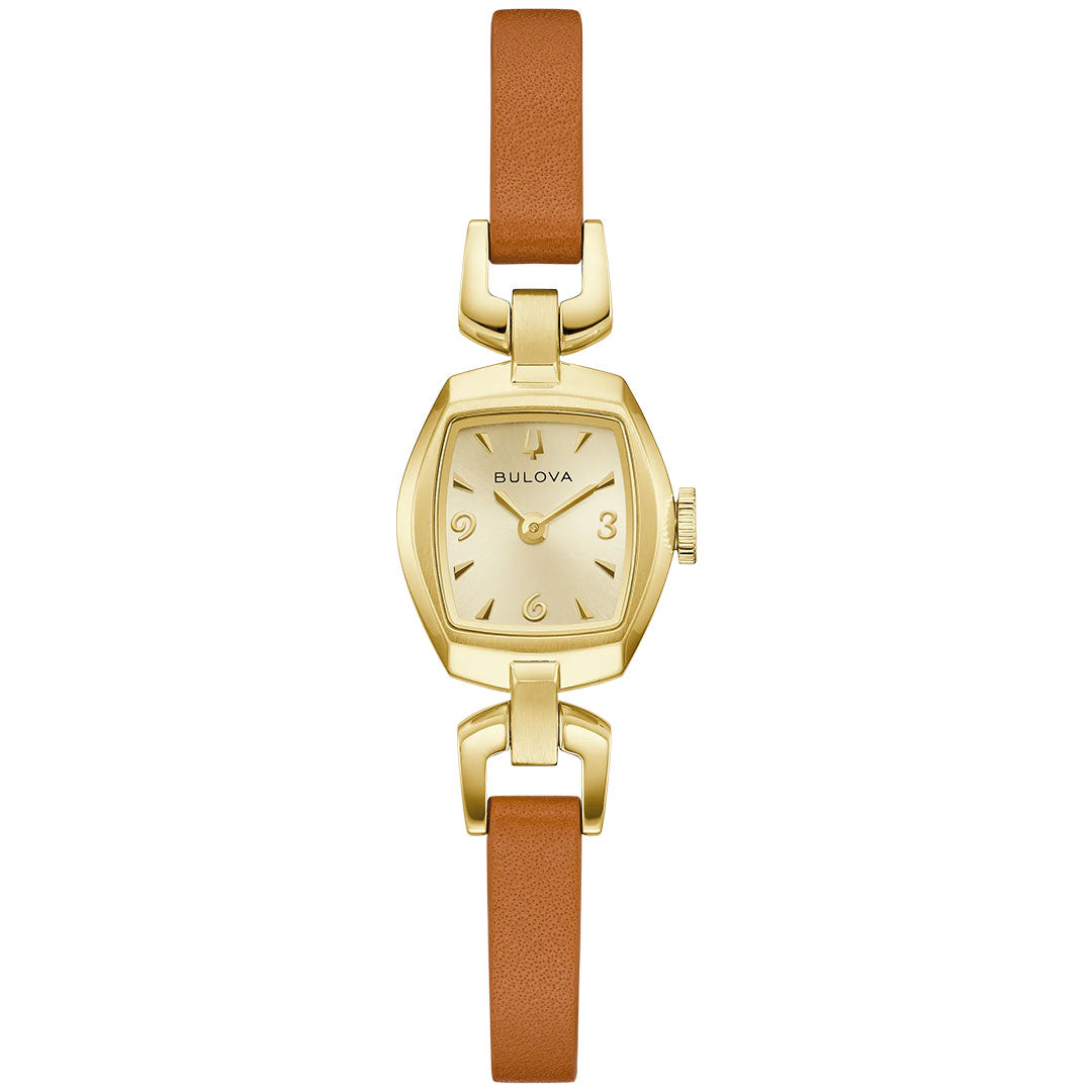 The Bulova Goddess of Time Jackie Quartz 18mm Watch features a gold-tone stainless steel case, a small square dial with minimalist gold numbers and hands, and a brown leather strap.