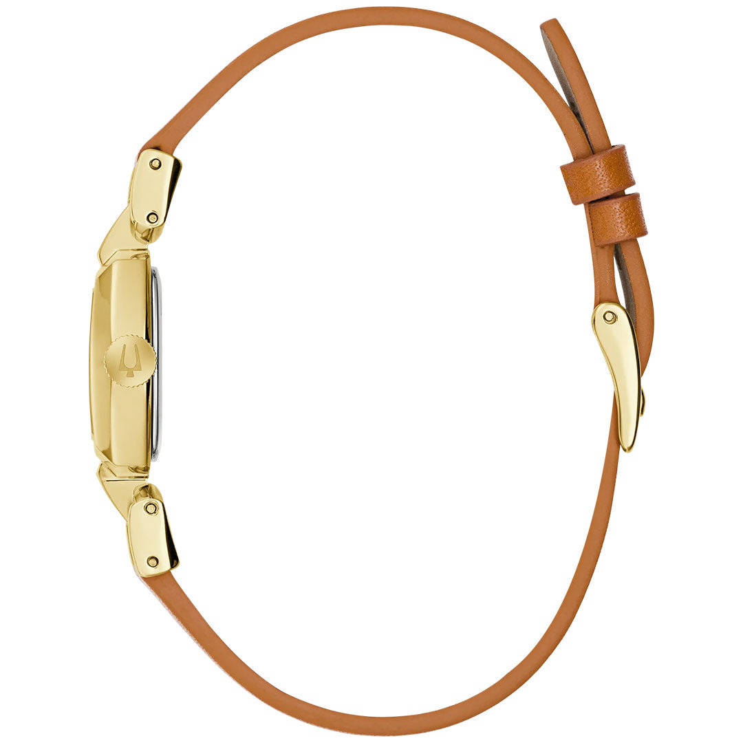 A Bulova Goddess of Time Jackie Quartz 18mm women's watch, featuring a gold-tone stainless steel case and a brown leather strap, is shown from the side to showcase its slim profile and refined, elegant design.