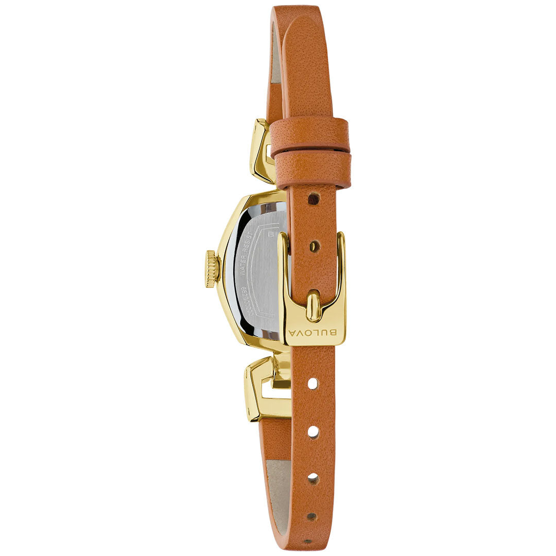 The Bulova Goddess of Time Jackie Quartz 18mm Watch is shown from the back, highlighting its gold-tone stainless steel case and brown leather strap with a visible buckle.
