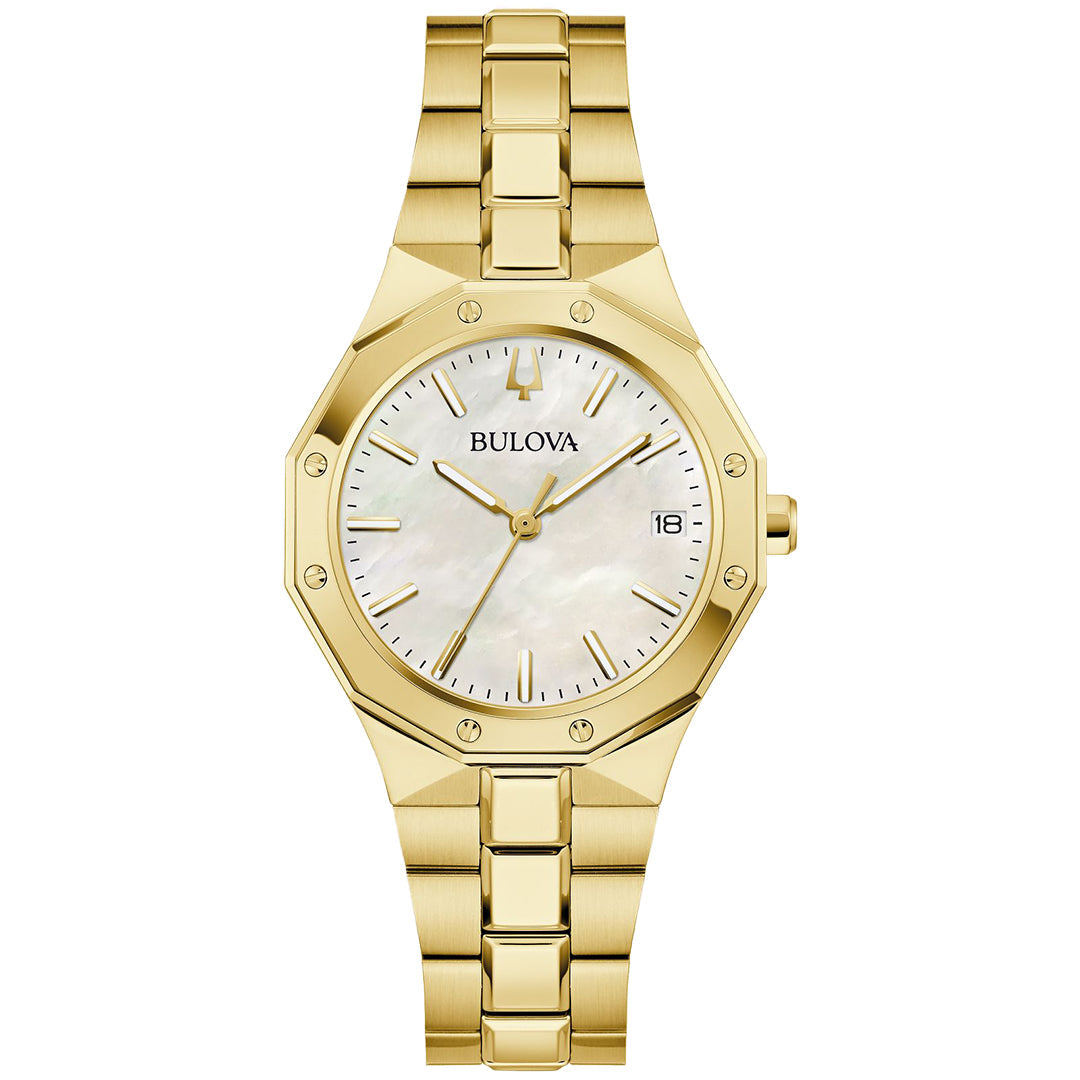 The Bulova Prestige Classic Quartz 32mm Watch features a gold-tone stainless steel band, mother-of-pearl dial, round face with minimalist hour markers, a date window at 3 o'clock, and a geometric bezel.