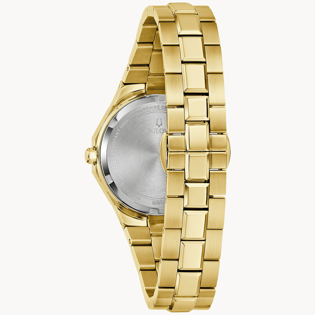 Displayed is the Bulova Prestige Classic Quartz 32mm Watch, featuring a gold-tone stainless steel link bracelet and an engraved silver case. Its elegant design blends luxurious gold and silver tones, embodying Bulova's allure.