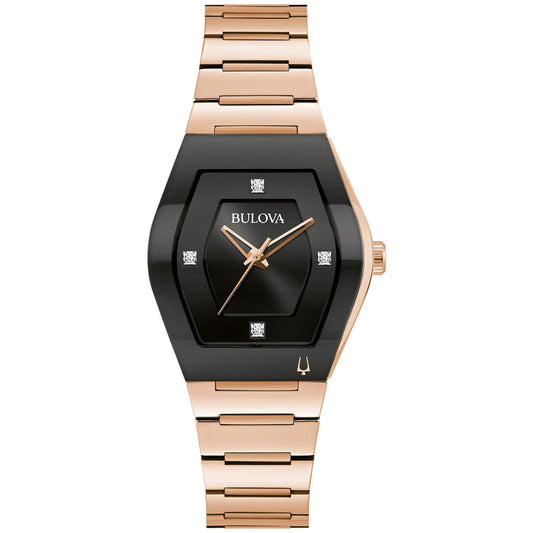 Introducing the Bulova Gemini Modern Quartz 30mm Watch, a sophisticated timepiece that epitomizes modern elegance with its distinctive black dial and rose gold-tone bracelet. This stylishly contemporary accessory features a diamond-accented face with a unique geometric design, free of numbers. The rectangular links further enhance its refined charm.