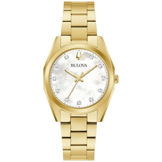 Introducing the Bulova Surveyor Quartz 31mm watch, a ladies’ timepiece that showcases a mother-of-pearl dial adorned with diamond hour markers. This elegant piece features a gold-tone stainless steel link bracelet and subtly displays the Bulova brand name on its exquisite dial.