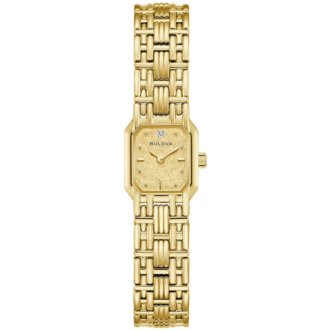 The Bulova Goddess of Time Sophia Quartz 16mm Watch is a gold-tone stainless steel women’s timepiece featuring a rectangular face with a gold dial, a linked bracelet-style band, two hands, and a diamond accent at the 12 o’clock position.