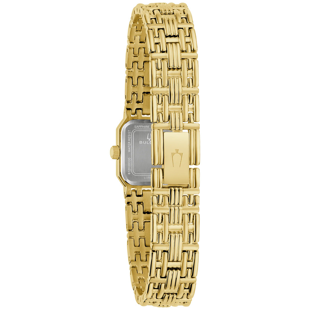 The Bulova Goddess of Time Sophia Quartz 16mm Watch is a gold-tone stainless steel women’s timepiece with a rectangular face, shown from the back. Featuring an intricate link band and a clasp adorned with Bulova’s signature crown-shaped logo, this elegant watch displays brand details on the case back. Diamond accent elements lend an extra touch of sophistication to its refined design.