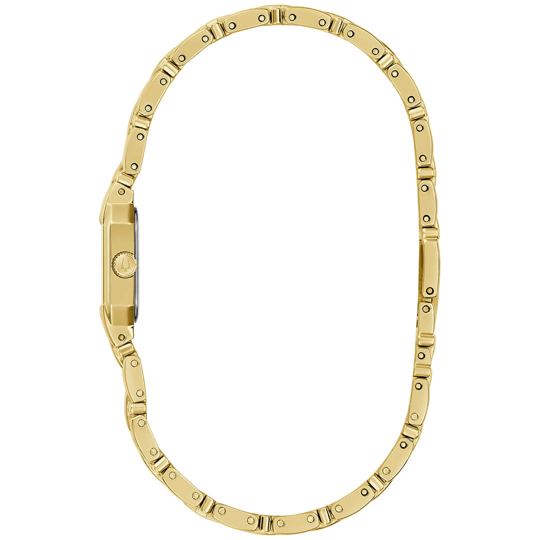 The Bulova Goddess of Time Sophia Quartz 16mm Watch is pictured from the side, showcasing its thin gold-tone stainless steel case, small round crown, and intricately linked bracelet that forms an elegant oval silhouette.