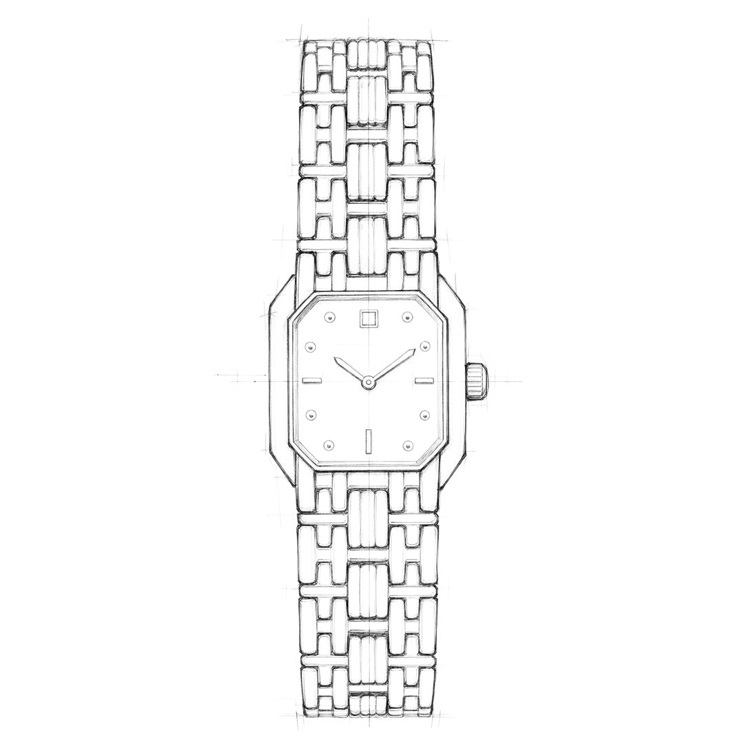 A detailed pencil sketch of the Bulova Goddess of Time Sophia Quartz 16mm Watch captures the women’s timepiece with a rectangular face, simple hour markers, and a metal linked band. The drawing highlights fine lines and precise details in its gold-tone stainless steel design, showcasing even the subtle elegance of its diamond accent.