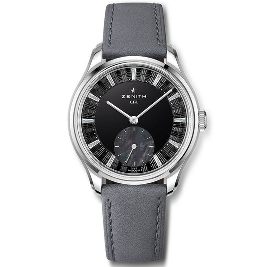 The Zenith G.F.J. Tantalum Calibre 135 Automatic 39.15mm watch features a black and silver dial, silver hour markers, small seconds subdial, grey leather strap, and the acclaimed Calibre 135 movement under the Zenith logo.