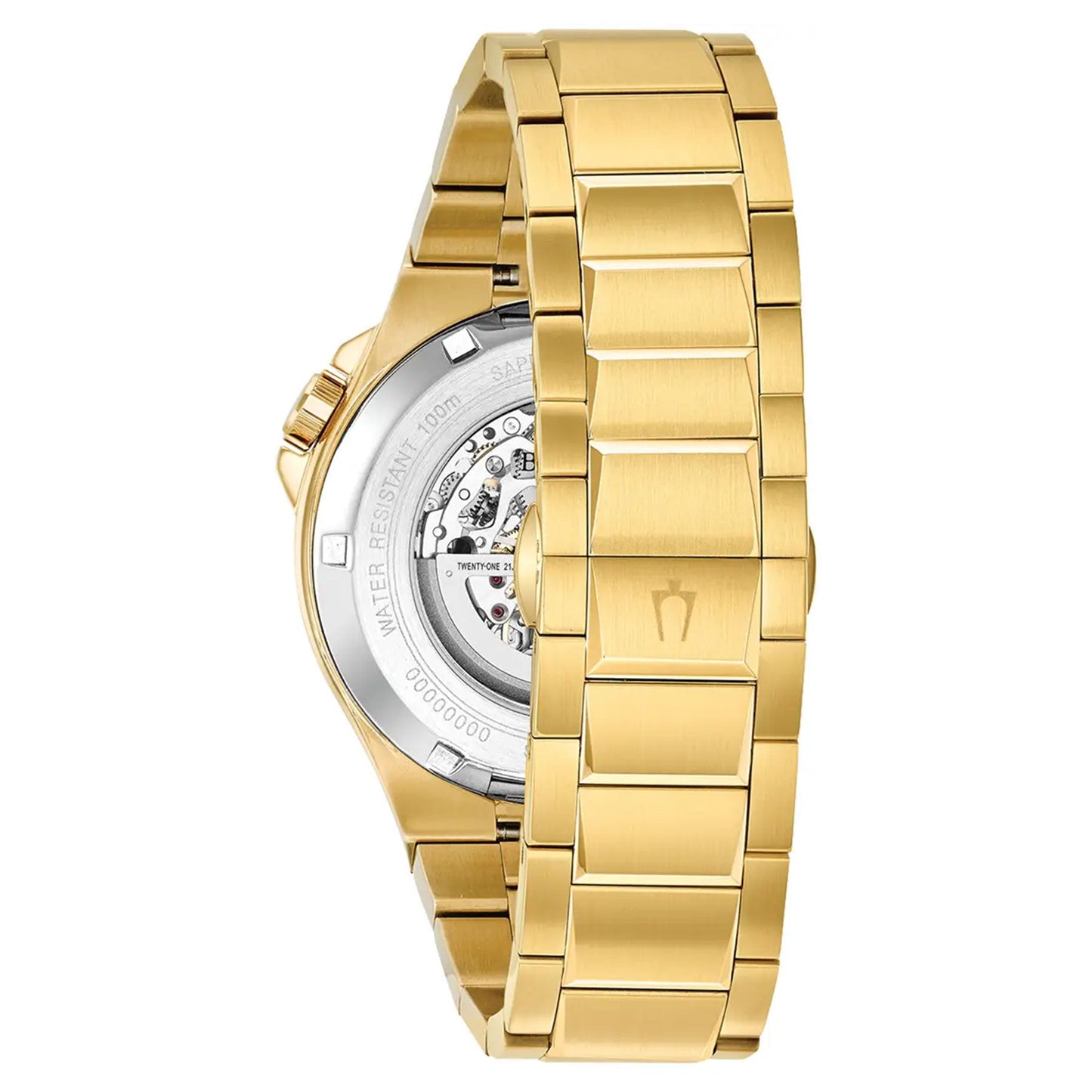 Bulova Maquina Automatic 46mm Watch by Bulova featuring a gold-tone stainless steel bracelet, showcases its back view. The sapphire glass case reveals the skeleton automatic movement inside. Its sleek and shiny design highlights precision craftsmanship.