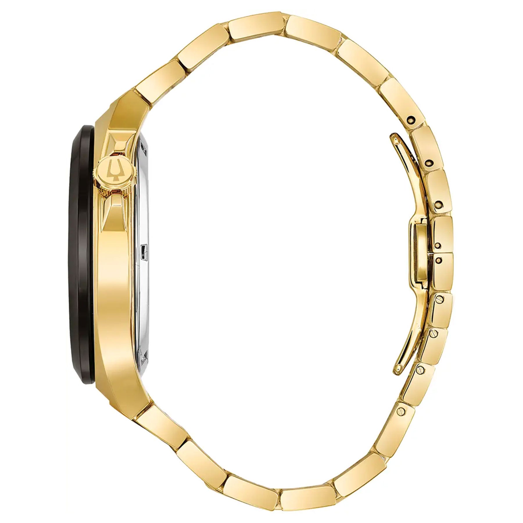 A side-profile view of the Bulova Maquina Automatic 46mm Watch with its gold-tone stainless steel bracelet highlights its round, black face and prominent crown, all set beneath sapphire glass against a white background.