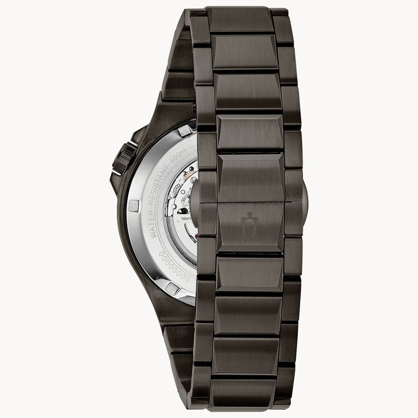 The Bulova Maquina Automatic 46mm Watch, crafted from gunmetal IP stainless steel, highlights its sleek and polished bracelet. Its transparent case back offers a view of the intricate skeleton automatic movement with a 40-hour power reserve, enhanced by elegant details.