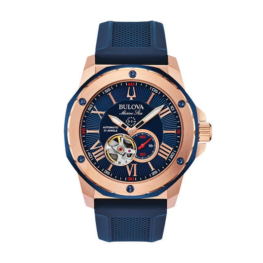 The Bulova Marine Star Automatic 45mm Watch features a striking blue face, complemented by a rose gold-tone case and matching blue strap. Its elegant open heart design showcases the inner workings powered by automatic movement, complete with additional small dials for enhanced timekeeping functionalities. With its water-resistant capabilities, this watch is ideal for versatile adventures.