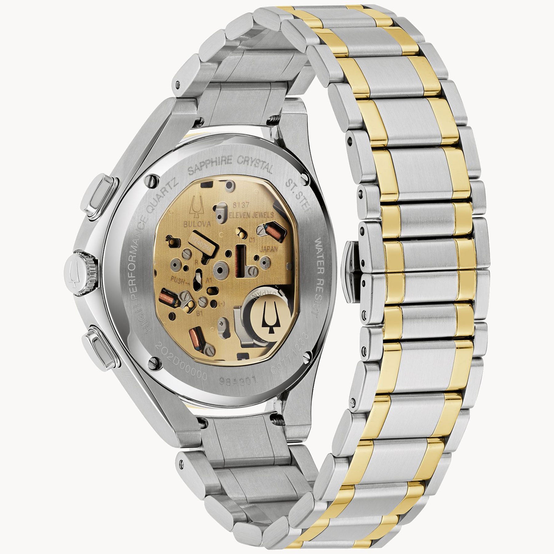 The image displays the back view of a Bulova CURV HPQ Quartz 44mm Watch, featuring a metal bracelet. Its striking two-tone design in silver and gold catches the eye. Through the transparent glass case, you can appreciate the watch's internal workings and its distinctive curved chronograph movement, accentuated by detailed engravings.