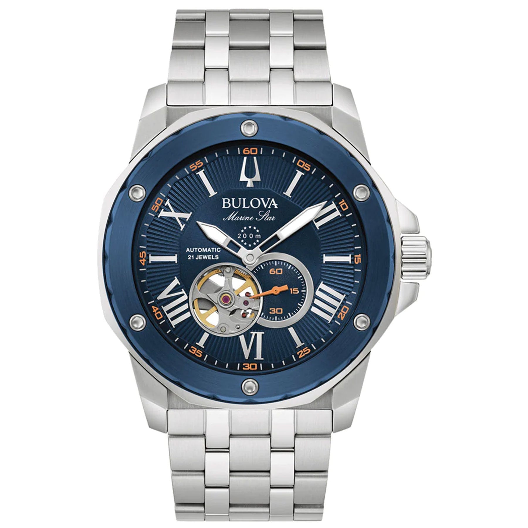 The Bulova Marine Star Automatic 44mm Watch features a blue dial adorned with Roman numerals and an intriguing open-heart design that reveals its automatic movement. Paired with a stainless steel bracelet, this silver watch is water-resistant up to 200 meters.