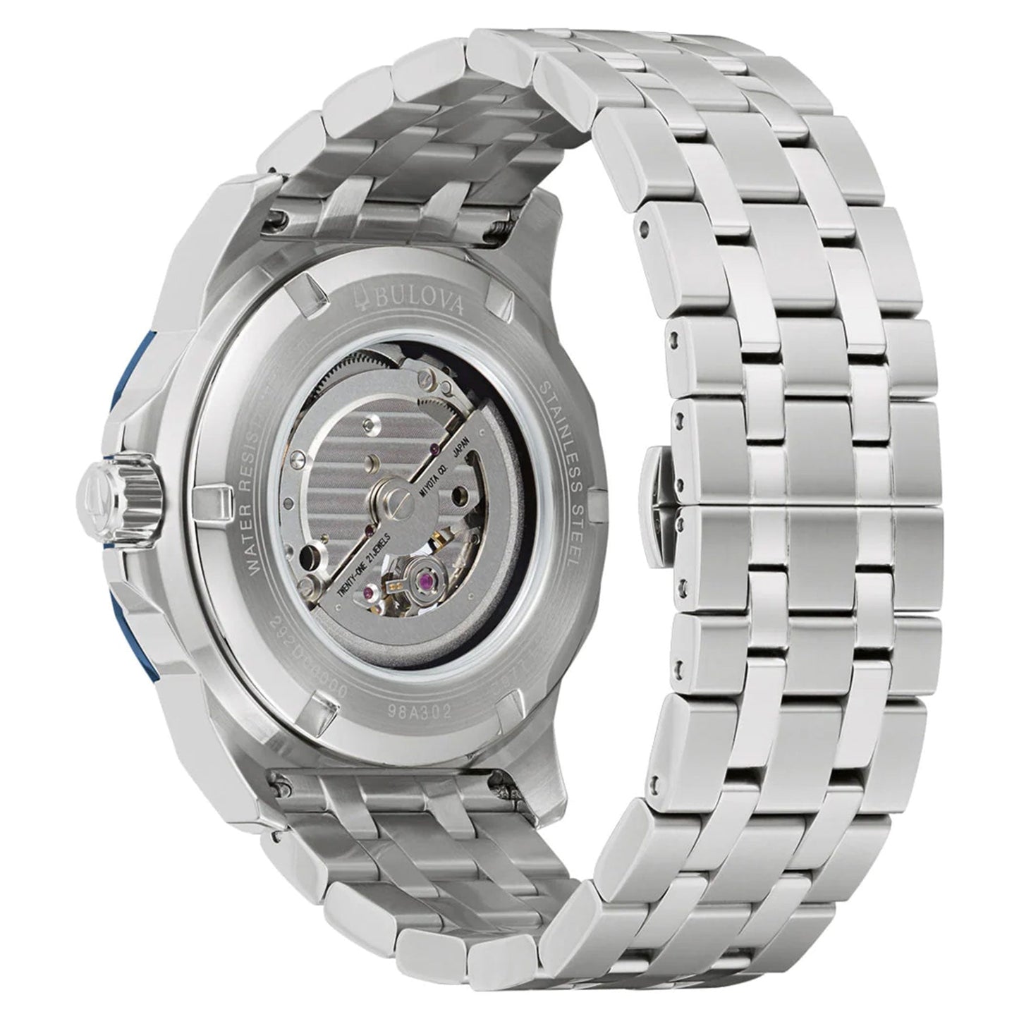 The Bulova Marine Star Automatic 44mm watch, crafted by Bulova, is designed with a silver stainless steel body and a see-through back that showcases the complex automatic movement. It includes a stainless steel bracelet, allowing you to admire its intricate gears through the transparent case back.