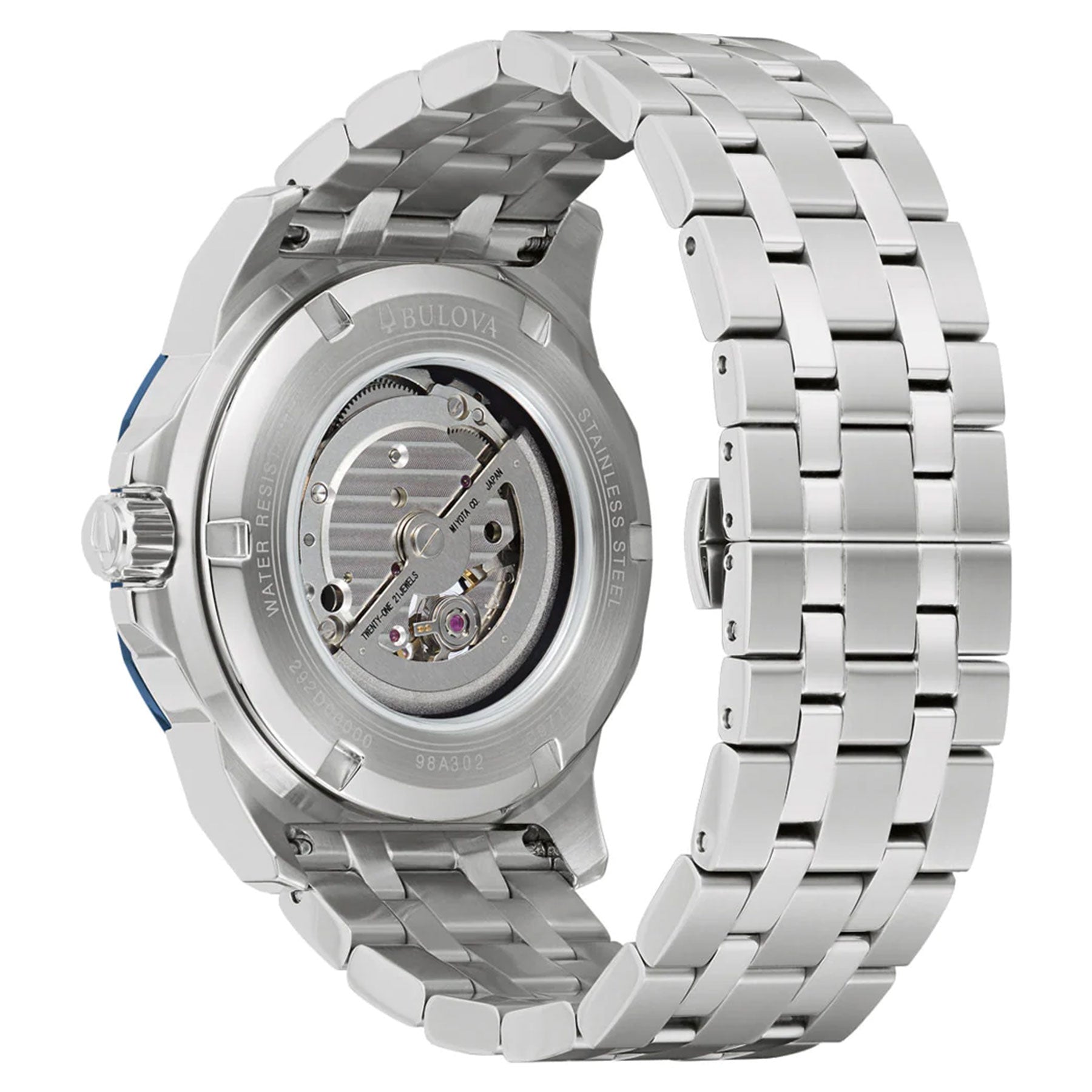 The Bulova Marine Star Automatic 44mm watch, crafted by Bulova, is designed with a silver stainless steel body and a see-through back that showcases the complex automatic movement. It includes a stainless steel bracelet, allowing you to admire its intricate gears through the transparent case back.