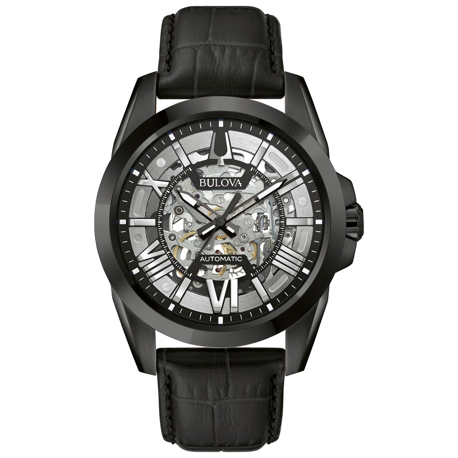 The Bulova Classic Automatic 43mm Watch includes a black leather strap and a stainless steel case, providing water resistance for enhanced durability. Its skeleton dial reveals the intricate automatic movement within, complemented by bold Roman numerals marking each hour around the dial.