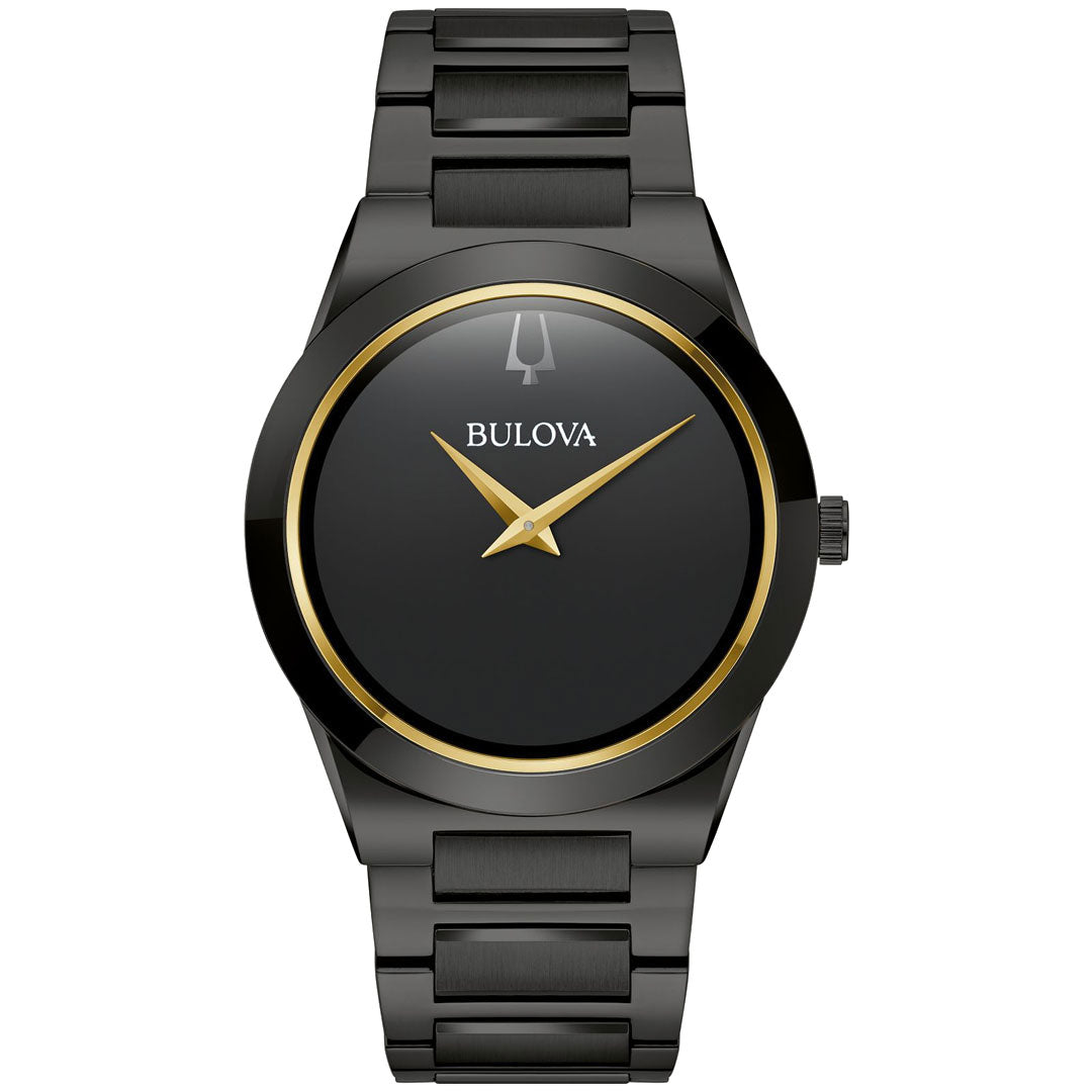 Introducing the Bulova Millennia Black Quartz 41mm Watch, a sophisticated men's timepiece featuring a black dial with a minimalist design, gold-trimmed bezel, and gold hands. Its modern aesthetic is highlighted by a polished black IP stainless steel band, elegantly displayed against a plain white background.