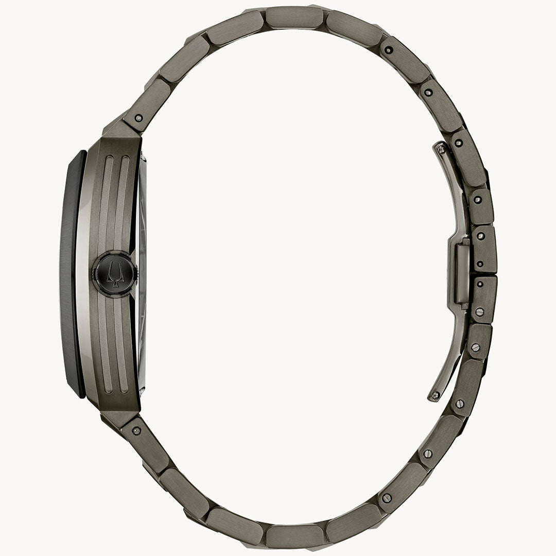Side view of the Bulova Maquina Automatic 40mm men's watch, featuring a sleek metallic band, minimalist design, thin profile, and partially open clasp by Bulova, displayed on a white background.