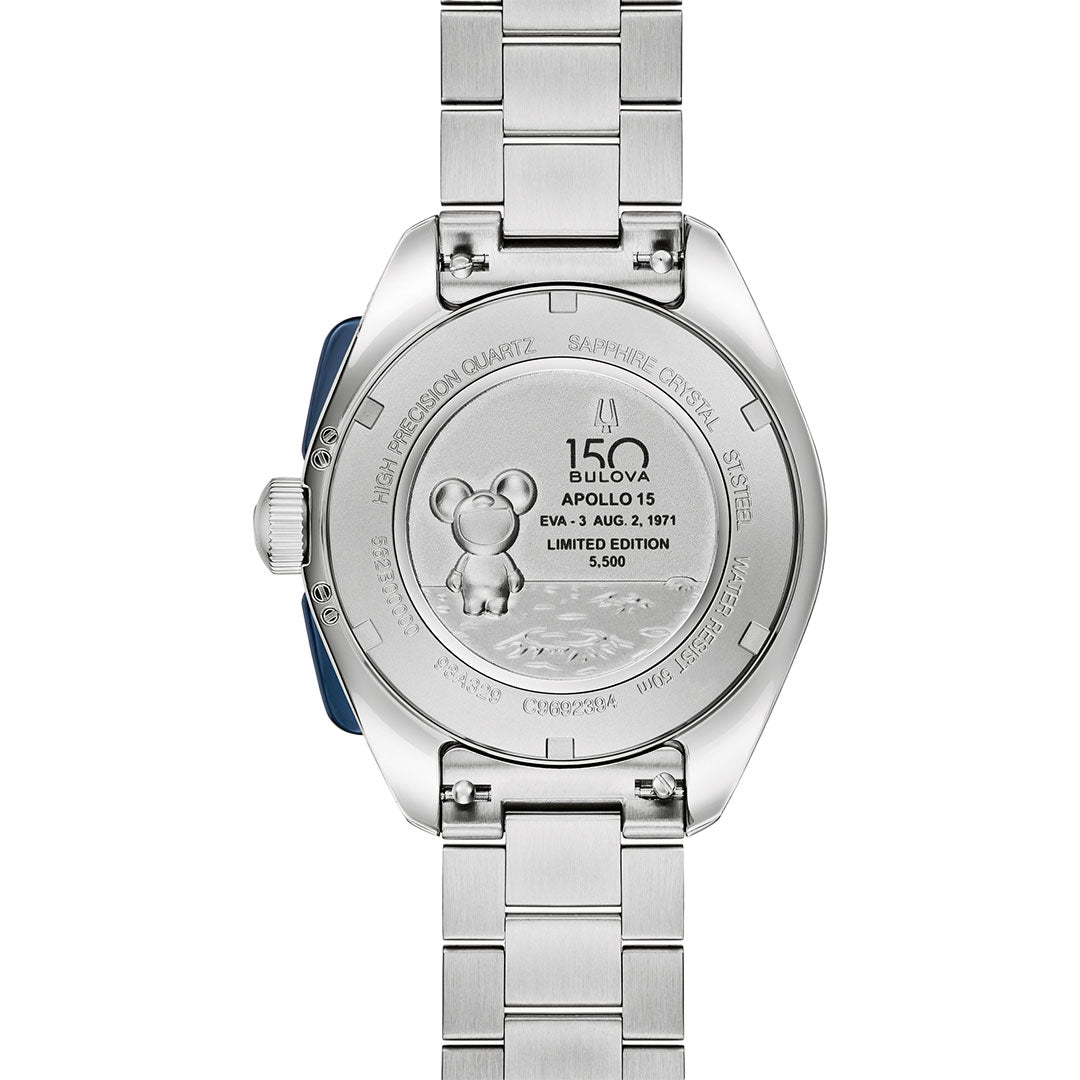 The back of the Bulova Lunar Pilot Timascus Quartz 43.5mm Limited Edition (5,500 pieces) features a cartoon mouse on the moon, Apollo 15 details, sapphire crystal mention, and high-precision quartz markings around the edge.
