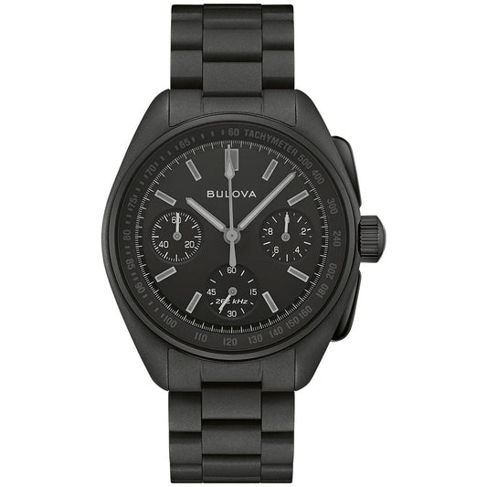 Bulova Archive Series Luna Pilot Black Hole Quartz 41.2mm watch with matte black finish, featuring three subdials, a tachymeter scale, and a metal link band. Powered by high-precision quartz movement, the dial showcases white markers, hands, and text, complemented by a prominent crown on the right—a quintessential Bulova chronograph designed for those who appreciate both style and accuracy.