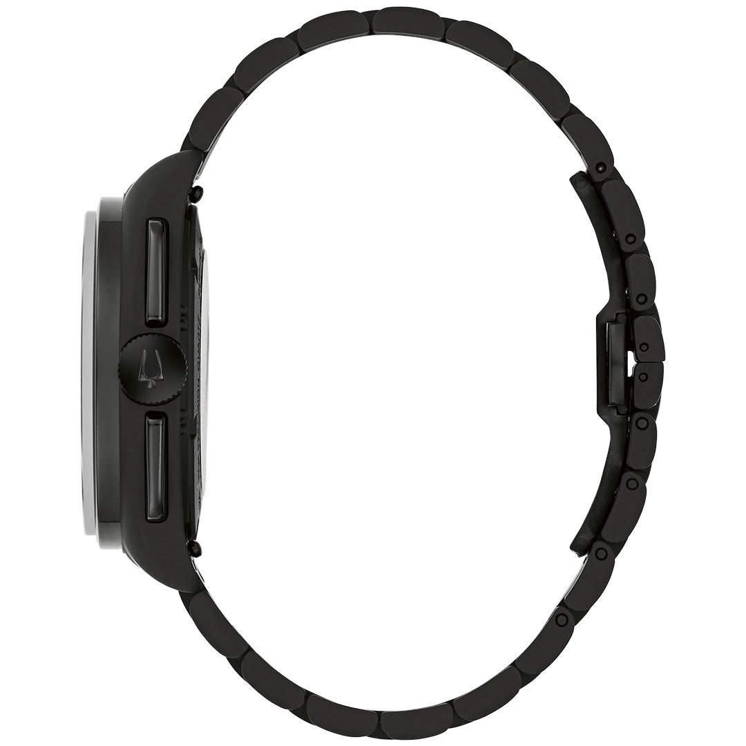 Side view of the Bulova Archive Series Lunar Pilot Black Hole Quartz 41.2mm Watch, featuring a round face, two push buttons, a crown, and a metal link bracelet with clasp, shown against a white background. This model from Bulova offers high precision quartz movement for exceptional accuracy.