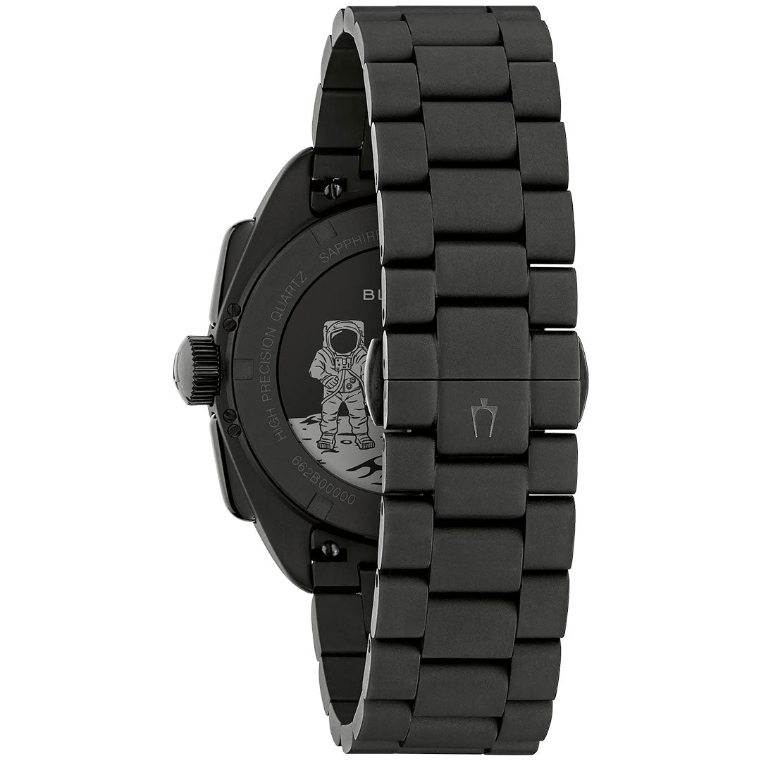 A rear view of the Bulova Archive Series Lunar Pilot Black Hole Quartz 41.2mm Watch reveals an engraved astronaut on the case back and a crown logo on the clasp of its black metal band. Inspired by Bulova’s chronograph heritage, this model offers exceptionally accurate timekeeping thanks to its high precision quartz movement.