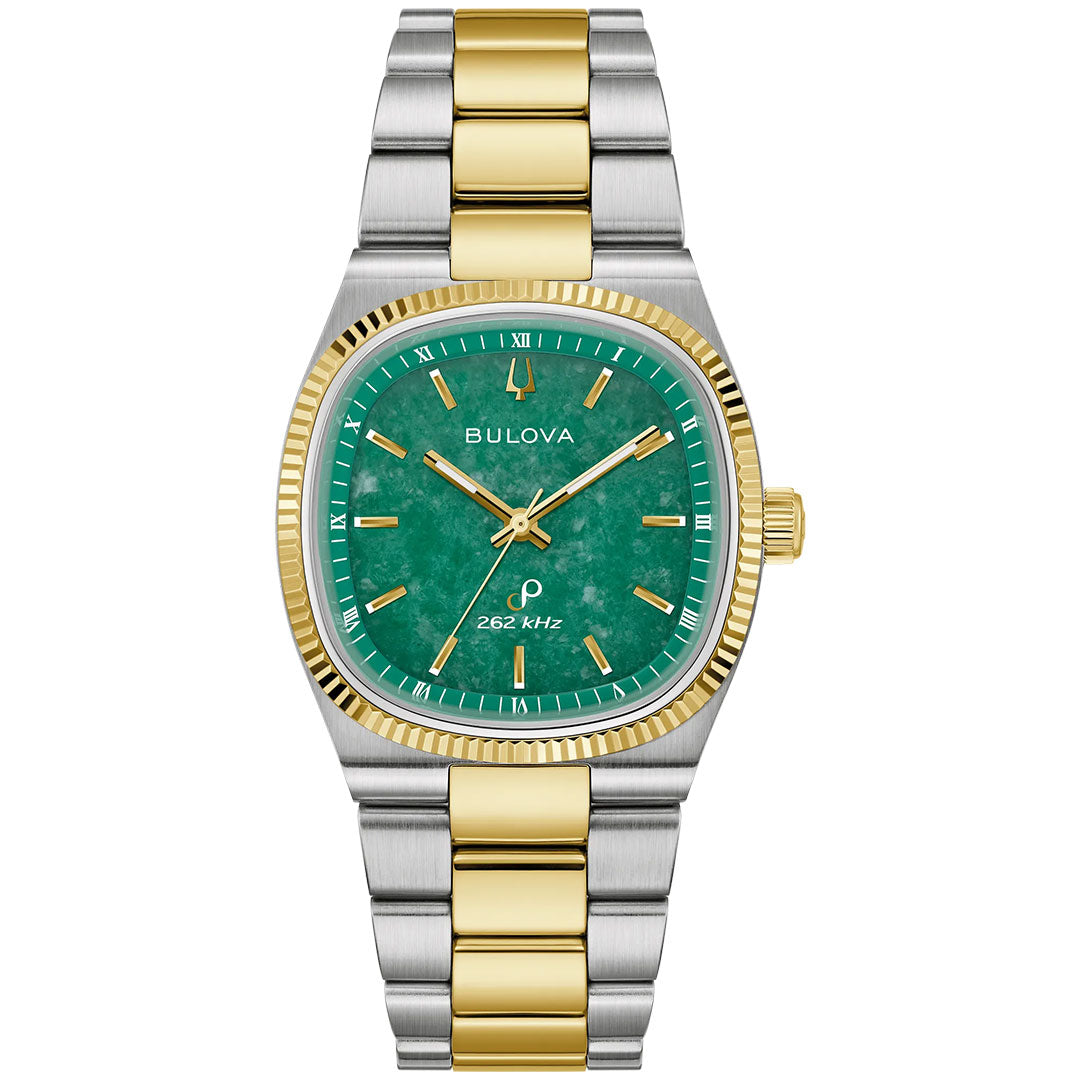 The Bulova Super Seville HPQ Precisionist Quartz 35mm Watch is a men’s luxury timepiece featuring a distinctive green dial, gold hour markers, and a stylish two-tone silver and gold metal band. Its gold bezel frames the face, which displays "262 kHz" above an emblem—emphasizing Bulova’s advanced Precisionist movement renowned for outstanding accuracy and sophisticated style.