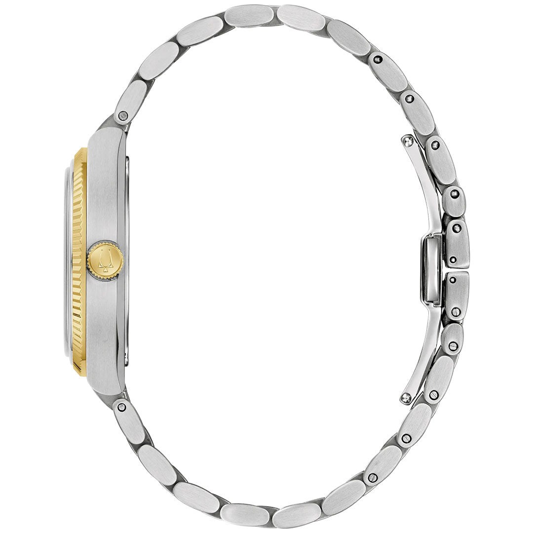 Side view of a Bulova Super Seville HPQ Precisionist Quartz 35mm men’s watch, featuring a two-tone metal band, gold bezel, and round crown adorned with the Bulova logo. The clasp and adjustable links are visible, while the white background showcases its refined design and advanced Precisionist Quartz movement.