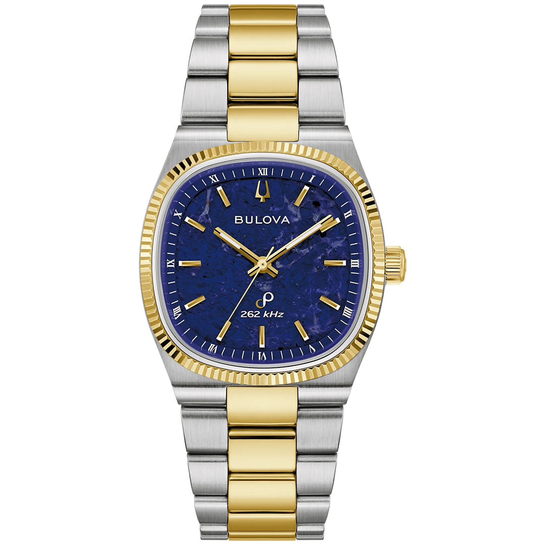 The Bulova Super Seville HPQ Precisionist Quartz 35mm Watch by Bulova features a striking blue dial accented with gold hour markers and a two-tone silver and gold stainless steel band. Designed for men, this watch showcases both brushed and polished finishes, and its dial displays "262 kHz," indicating the advanced Precisionist quartz movement renowned for exceptional accuracy.