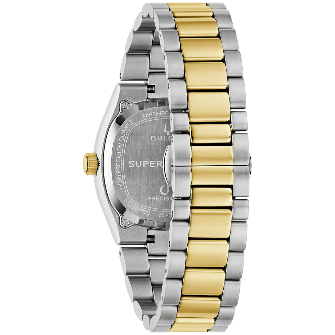 A close-up view of the back of a Bulova Super Seville HPQ Precisionist Quartz 35mm men's luxury watch showcases its two-tone metal band, featuring both silver and gold links, along with a visible crown on the side.