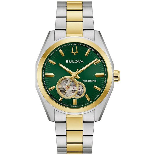 The Bulova Surveyor Automatic 39mm Watch for men features a striking green dial with gold hour markers and an elegant open-heart display that reveals its automatic movement. Its metal bracelet boasts alternating polished gold and silver links, creating a sophisticated two-tone finish distinctive of Bulova craftsmanship.