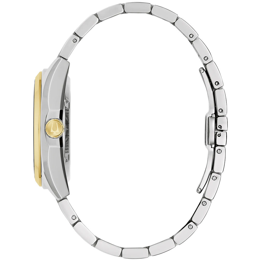 A side view of the Bulova Surveyor Automatic 39mm Watch by Bulova, featuring a silver metal bracelet, a gold-tone bezel, and a gold crown, with the clasp visible against a white background.