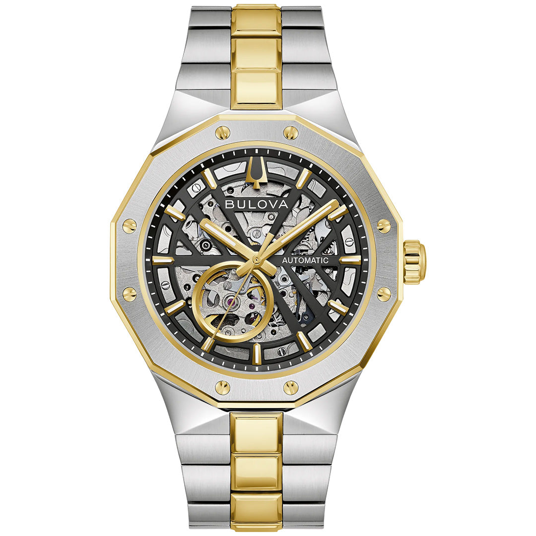 The Bulova Prestige Automatic 42mm Watch for men features a gold and silver metal band, an octagonal bezel, and a striking skeleton dial that beautifully showcases the inner mechanical parts. This elegant timepiece from Bulova boasts precise automatic movement and is protected by a durable sapphire crystal for lasting elegance.