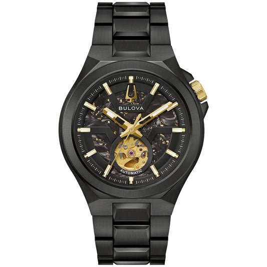 The Bulova Maquina Automatic 40mm Watch features a black ion-plated stainless steel case, skeleton dial with visible gears, gold hour markers, gold-tone crown, and a black metal bracelet for a bold men's look.