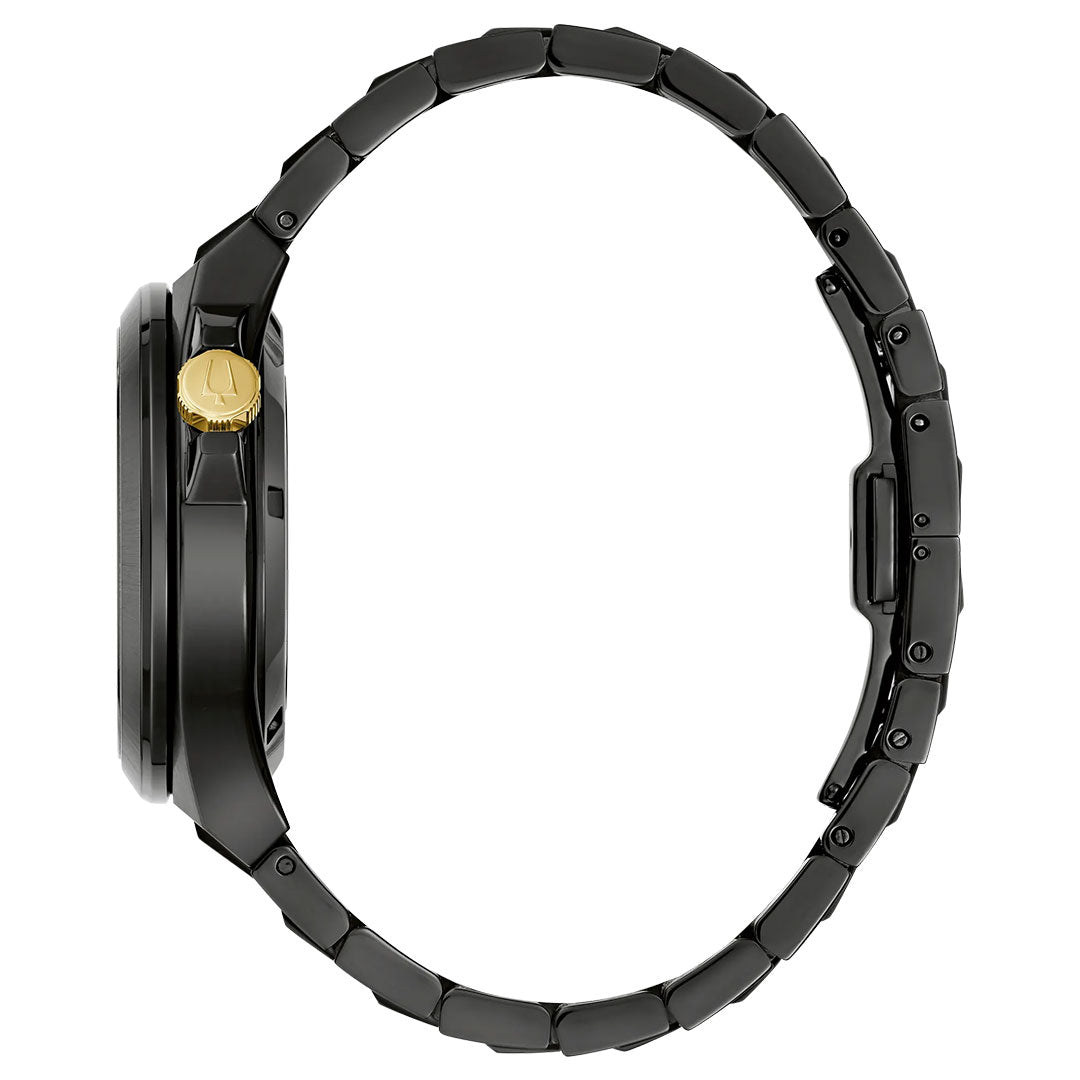 The Bulova Maquina Automatic 40mm watch features a black ion-plated stainless steel band and a gold crown on the left of its round case, with visible skeleton automatic movement.