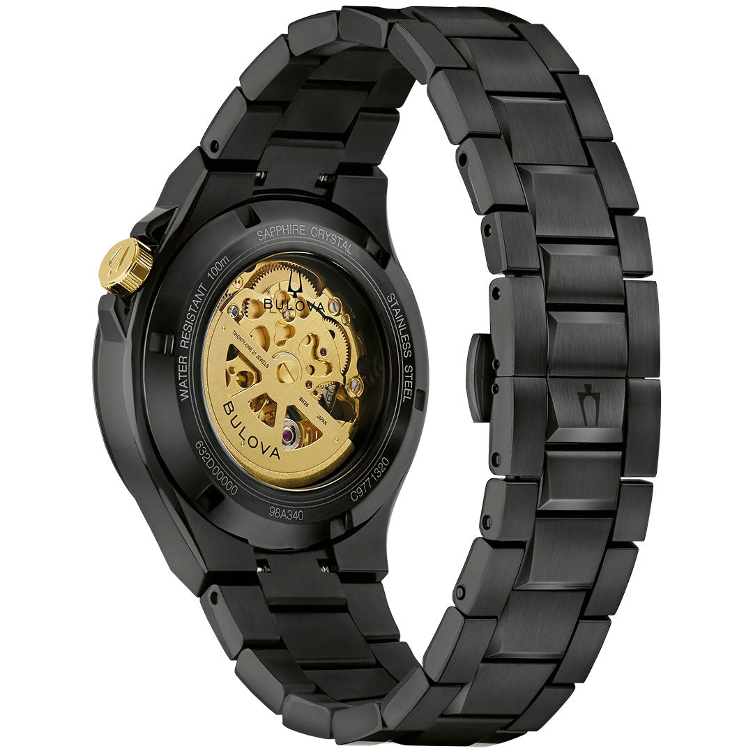 Close-up of the Bulova Maquina Automatic 40mm watch, highlighting its transparent case back that reveals the gold automatic skeleton movement and a black ion-plated stainless steel link band for a sleek look. Brand: Bulova.