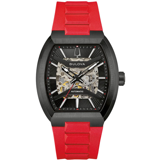 The Bulova Maquina Automatic 40mm Watch features a striking black and silver skeleton dial with visible gears, housed in a black case and paired with a bold red textured rubber strap. The face is detailed with "Bulova" and "Automatic" text, highlighting its signature automatic movement from the Bulova brand.
