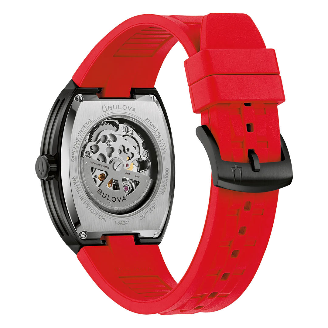 Back view of the Bulova Maquina Automatic 40mm Watch, featuring a visible automatic skeleton movement, stainless steel case, and a vibrant red perforated rubber strap with a black buckle.