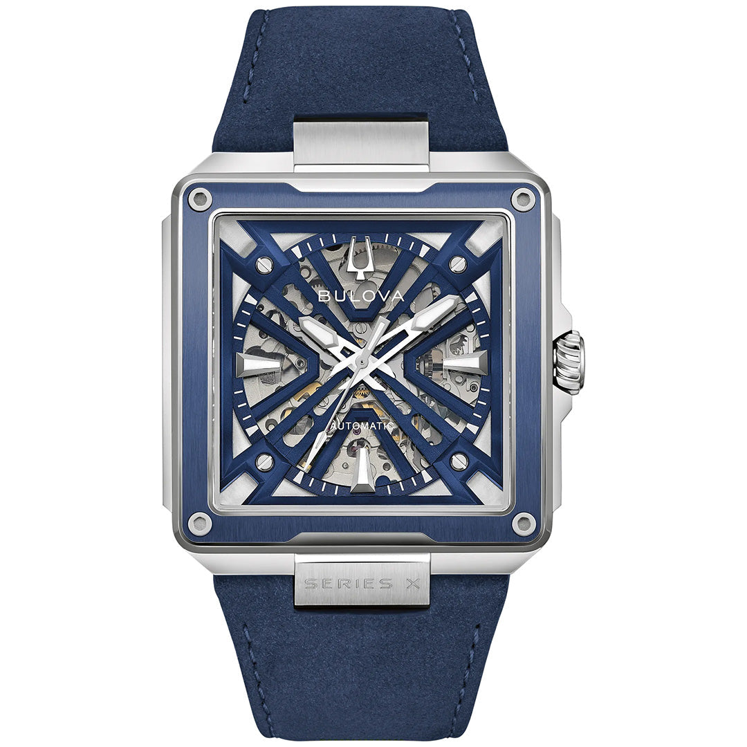 The Bulova Series X Automatic 41mm Watch by Bulova showcases a bold square case with a blue skeleton dial, silver-tone details, and exposed gears that highlight its skeletonized automatic movement. The striking X-shaped blue design on the face is framed by a refined silver case, marrying modern luxury with classic sophistication. Finished with an elegant blue leather strap, this timepiece exemplifies Bulova’s innovative craftsmanship and timeless elegance.